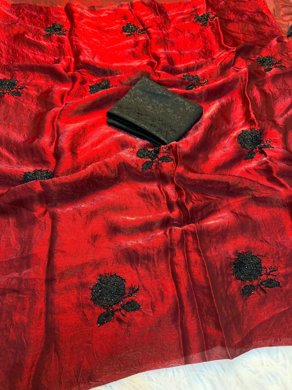 Peachmode Red Satin Floral Embroidered Saree - Image 3