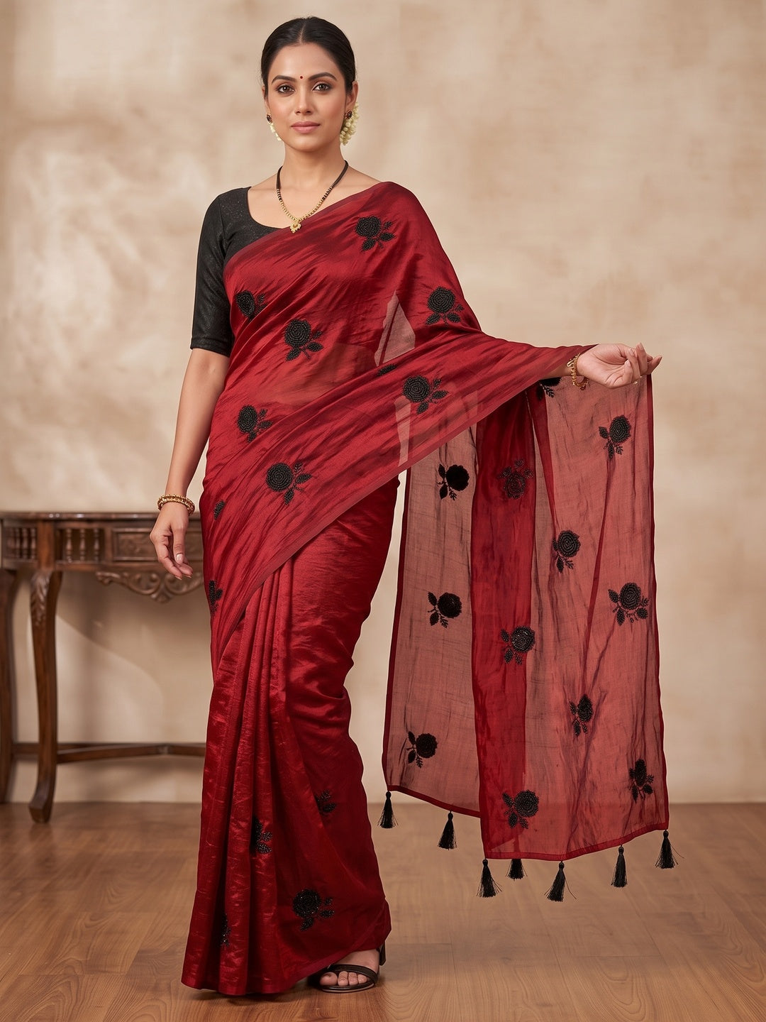 Peachmode Red Satin Floral Embroidered Saree - Image 5