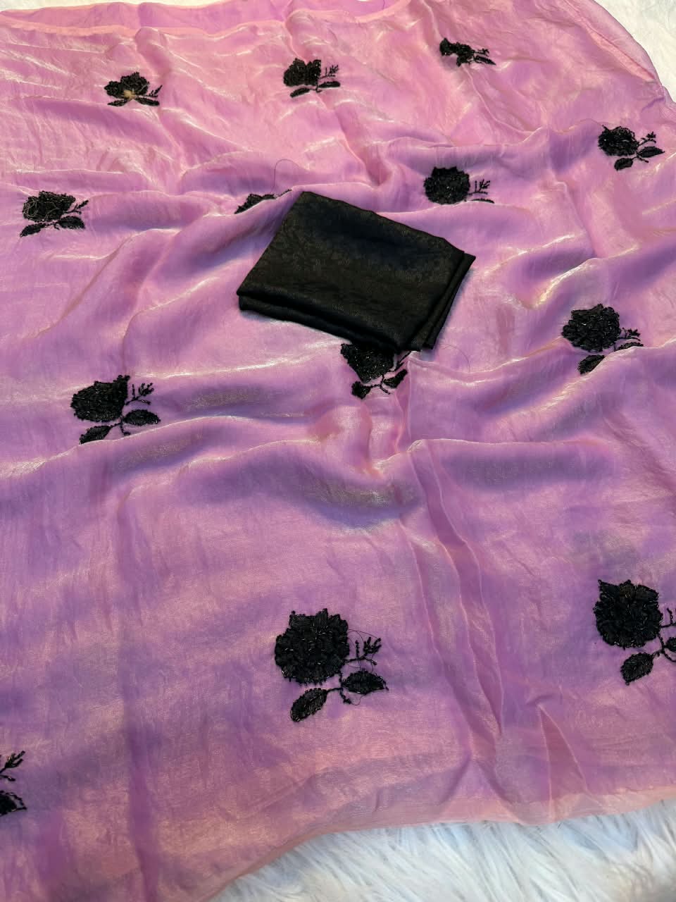 Peachmode Lavender Satin Floral Embroidered Saree - Image 3
