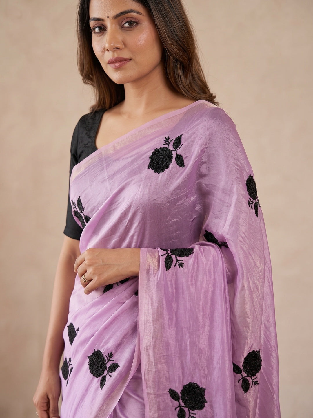 Peachmode Lavender Satin Floral Embroidered Saree - Image 4