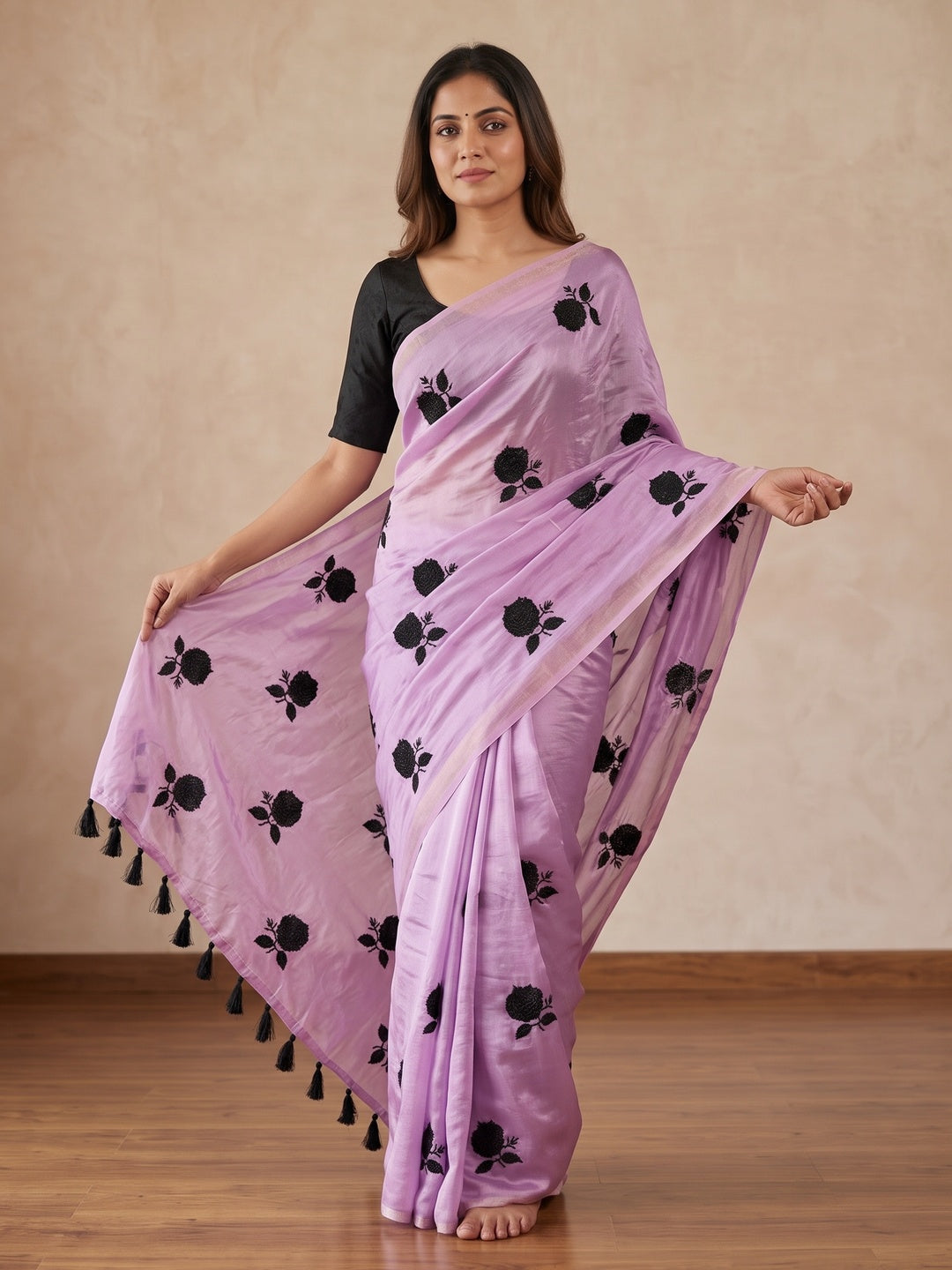 Peachmode Lavender Satin Floral Embroidered Saree - Image 5