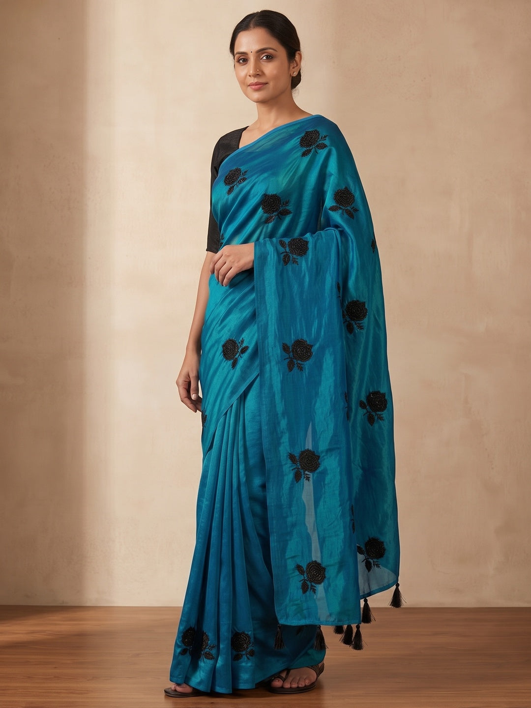 Peachmode Blue Satin Floral Embroidered Saree - Image 4