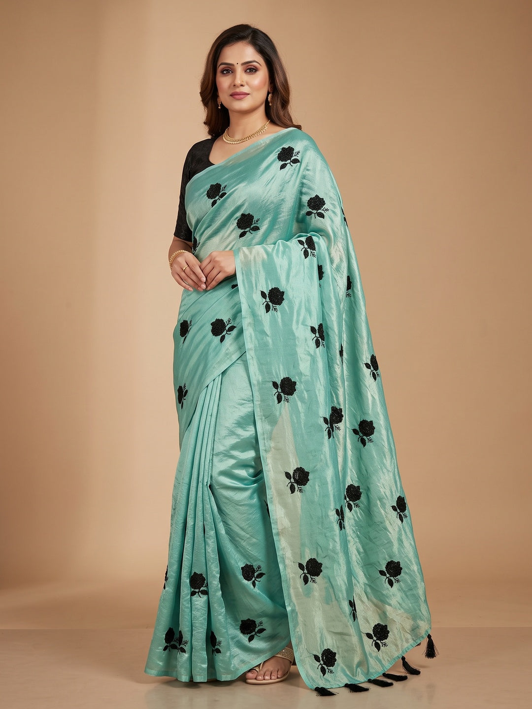 Peachmode Sea Green Satin Floral Embroidered Saree - Image 1