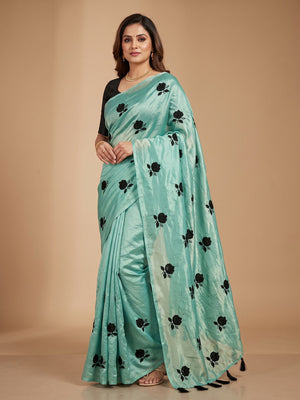 Peachmode Sea Green Satin Floral Embroidered Saree - Image 1