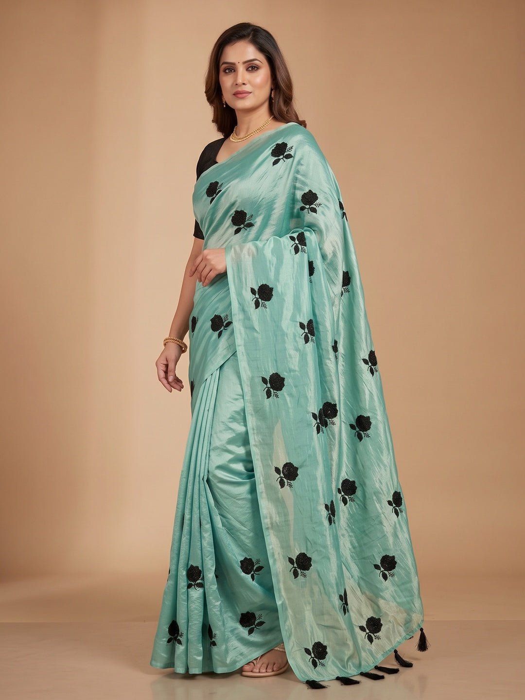 Peachmode Sea Green Satin Floral Embroidered Saree - Image 4