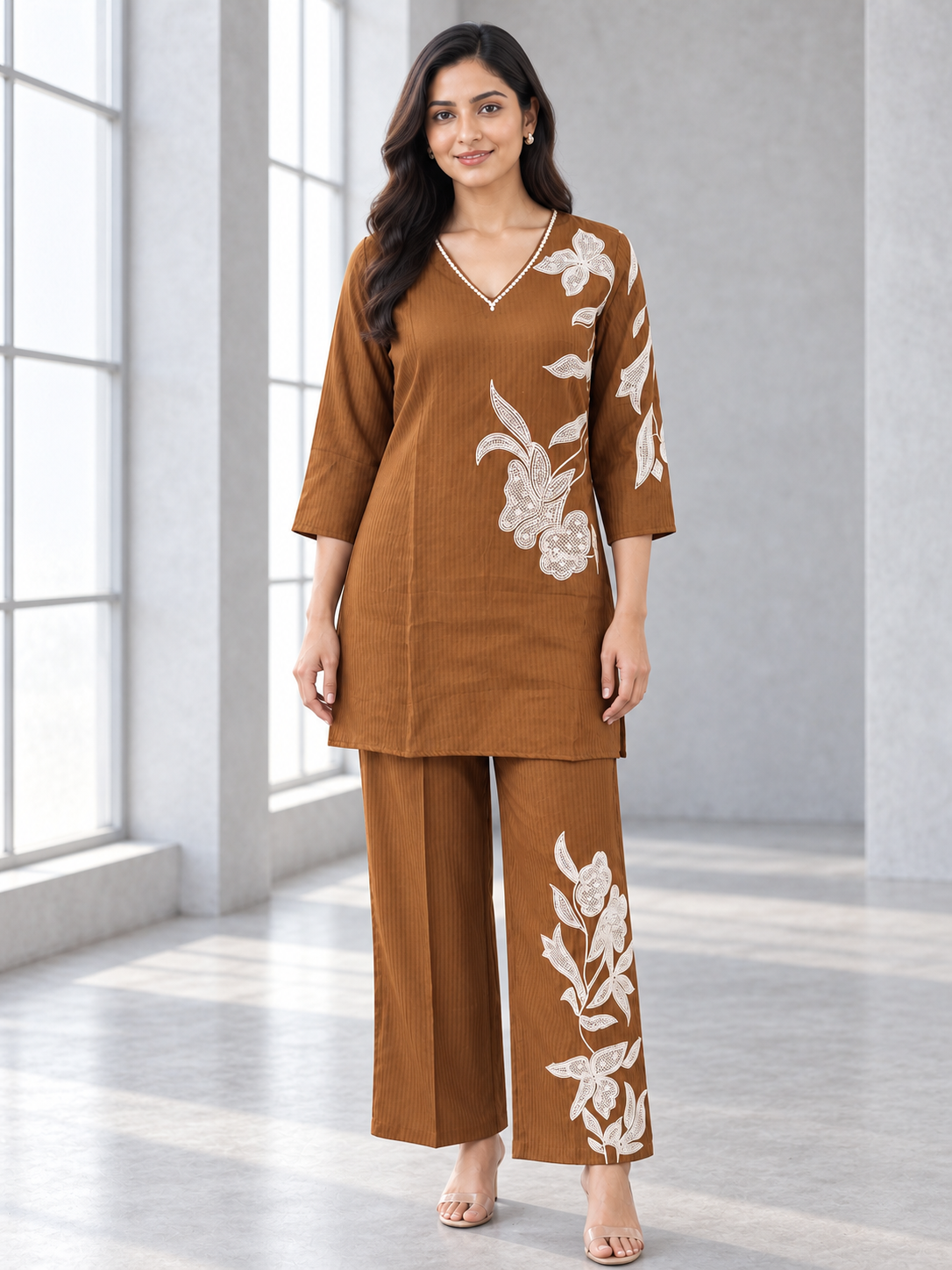 Peachmode Brown Viscose Blend Floral Applique Embroidered Top Bottom Set - Image 2