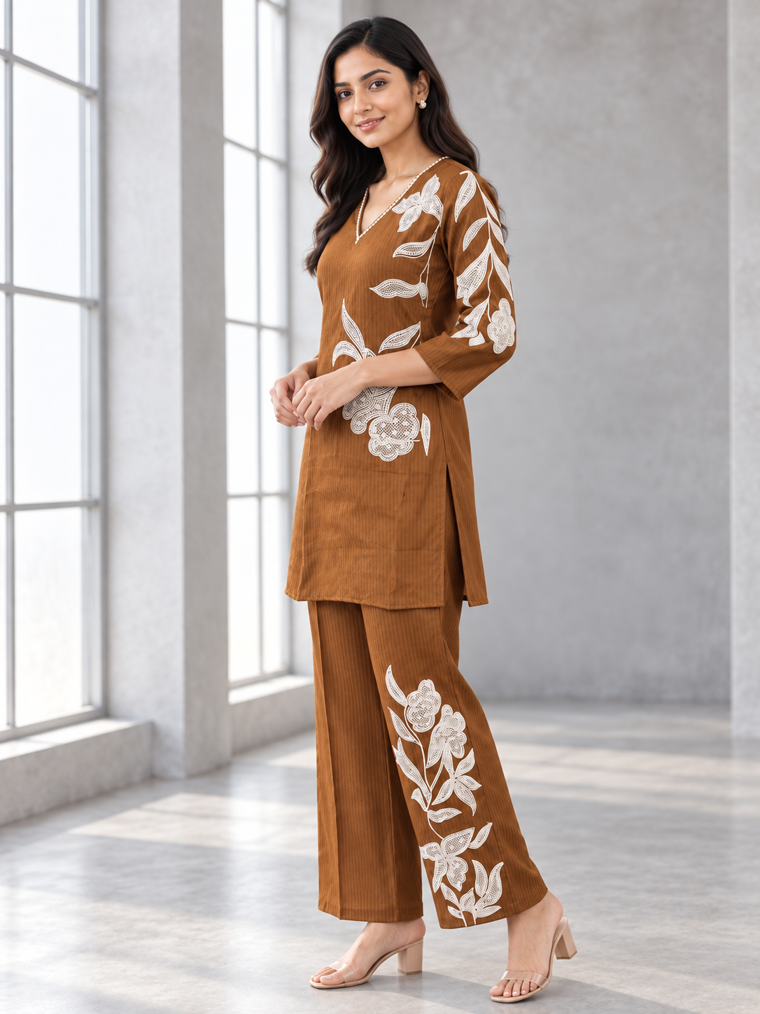 Peachmode Brown Viscose Blend Floral Applique Embroidered Top Bottom Set - Image 3