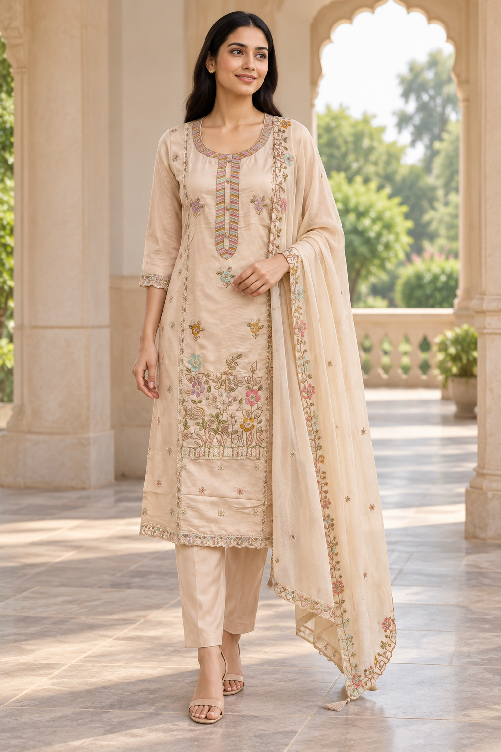 Peachmode Beige Viscose Blend Floral Embroidered Salwar Suit Set - Image 1