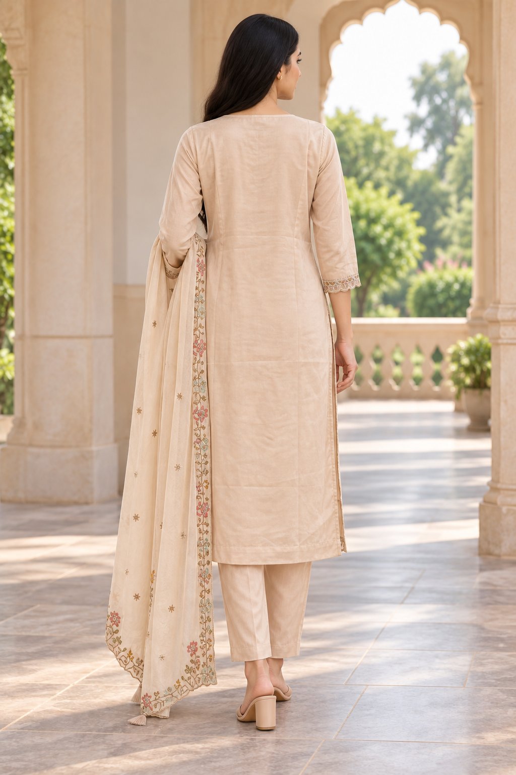 Peachmode Beige Viscose Blend Floral Embroidered Salwar Suit Set - Image 4