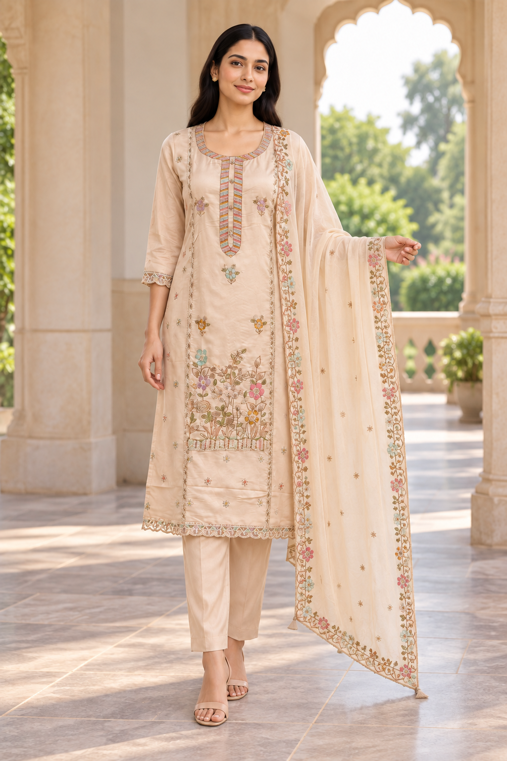 Peachmode Beige Viscose Blend Floral Embroidered Salwar Suit Set - Image 5