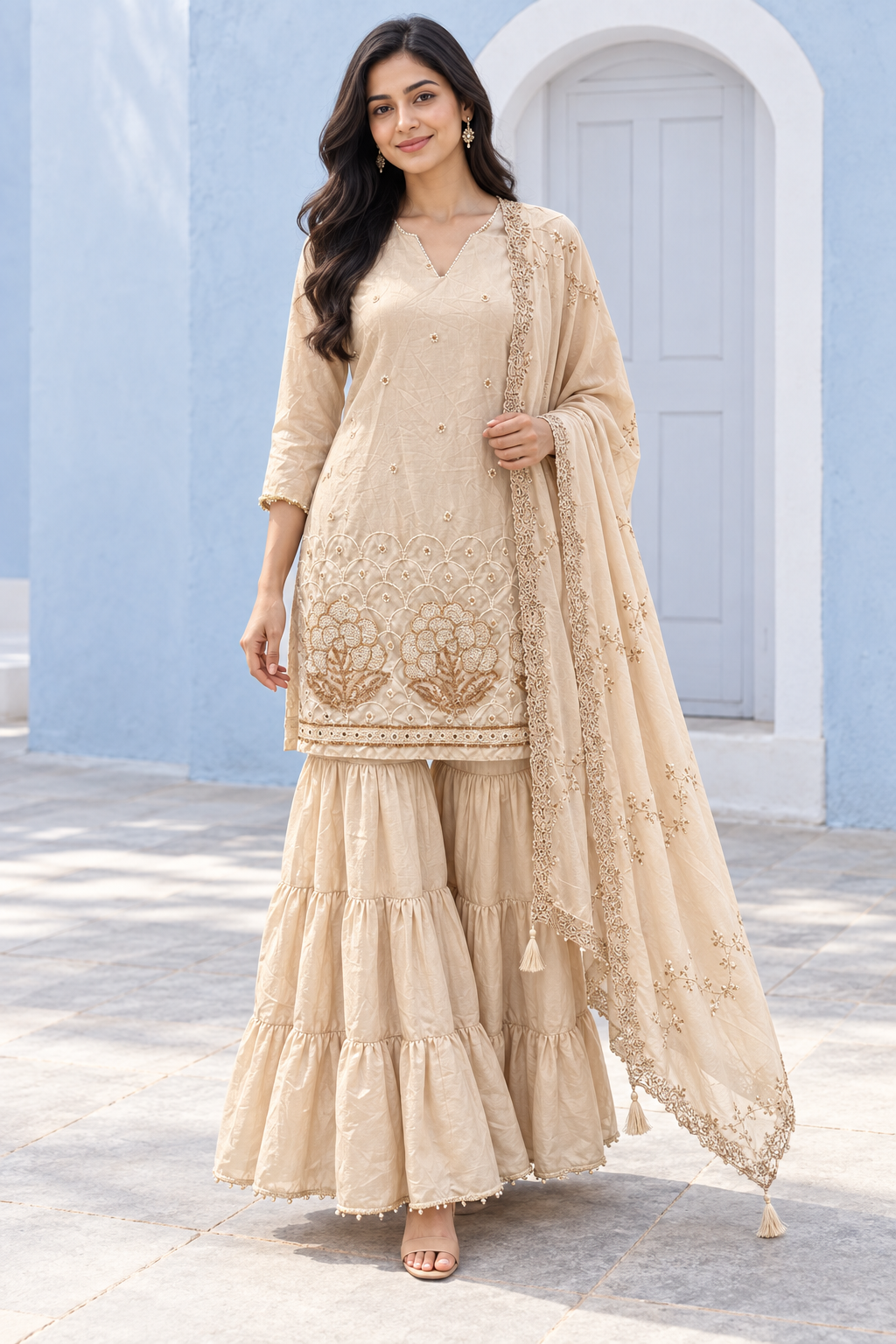 Peachmode Taupe Viscose Blend Floral Embroidered Sharara Suit Set - Image 1