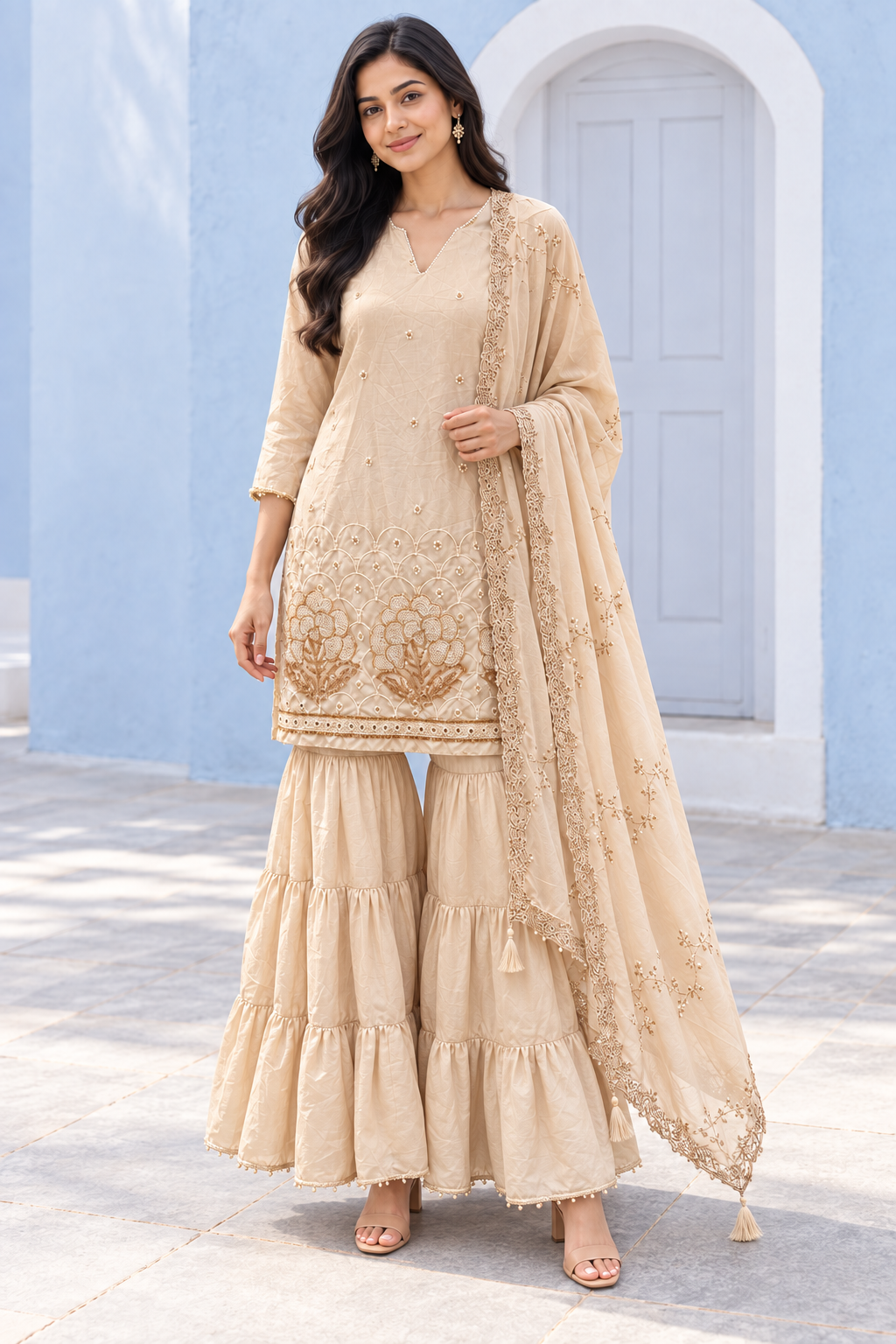 Peachmode Taupe Viscose Blend Floral Embroidered Sharara Suit Set - Image 3