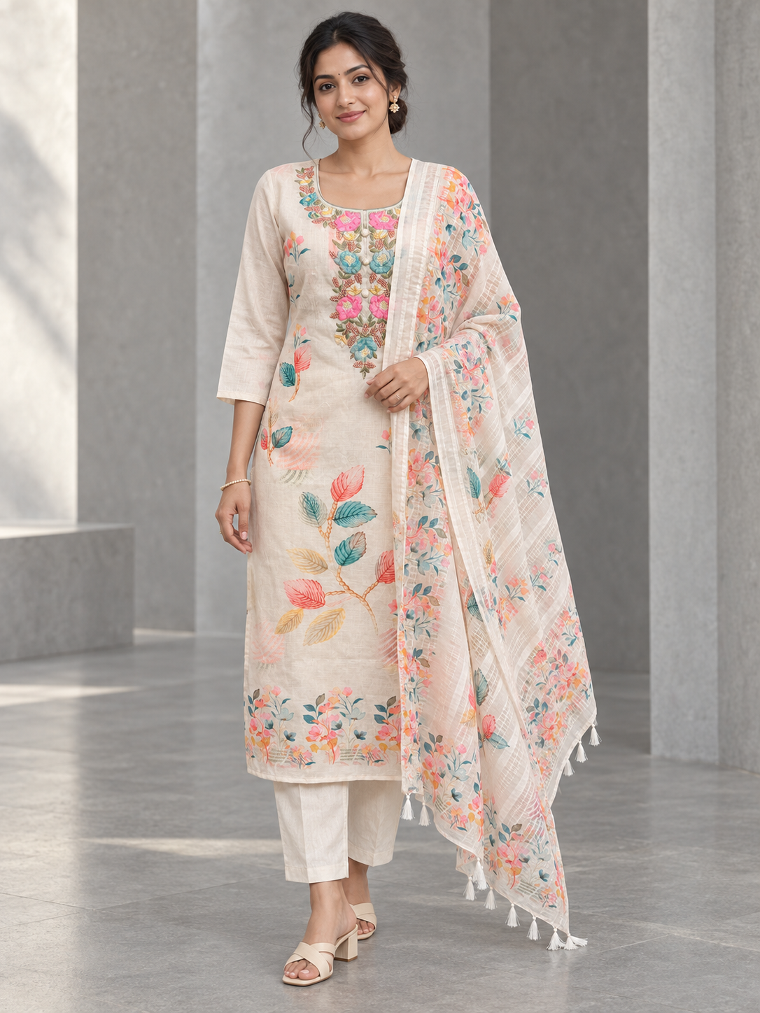 Peachmode Cream Linen Blend Floral Printed Embroidered Salwar Suit - Image 1