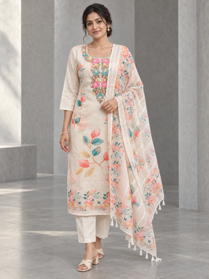 Peachmode Cream Linen Blend Floral Printed Embroidered Salwar Suit - Image 1