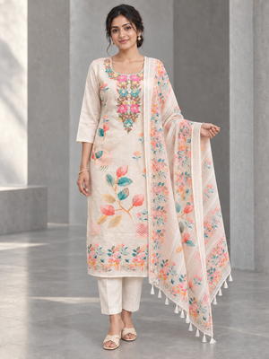 Peachmode Cream Linen Blend Floral Printed Embroidered Salwar Suit - Image 2