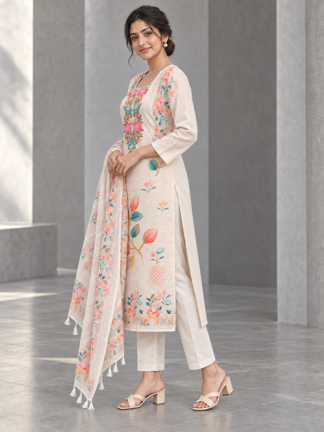 Peachmode Cream Linen Blend Floral Printed Embroidered Salwar Suit - Image 3