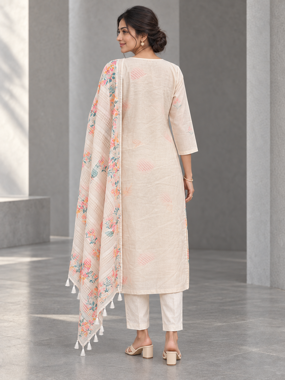 Peachmode Cream Linen Blend Floral Printed Embroidered Salwar Suit - Image 4