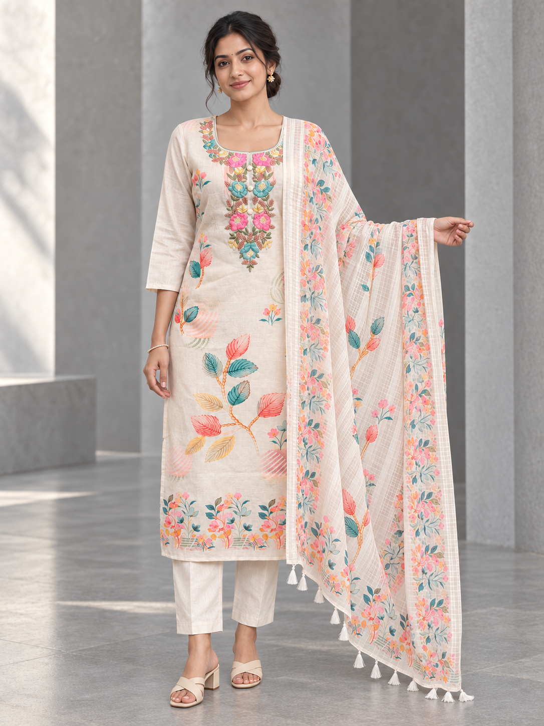 Peachmode Cream Linen Blend Floral Printed Embroidered Salwar Suit - Image 5