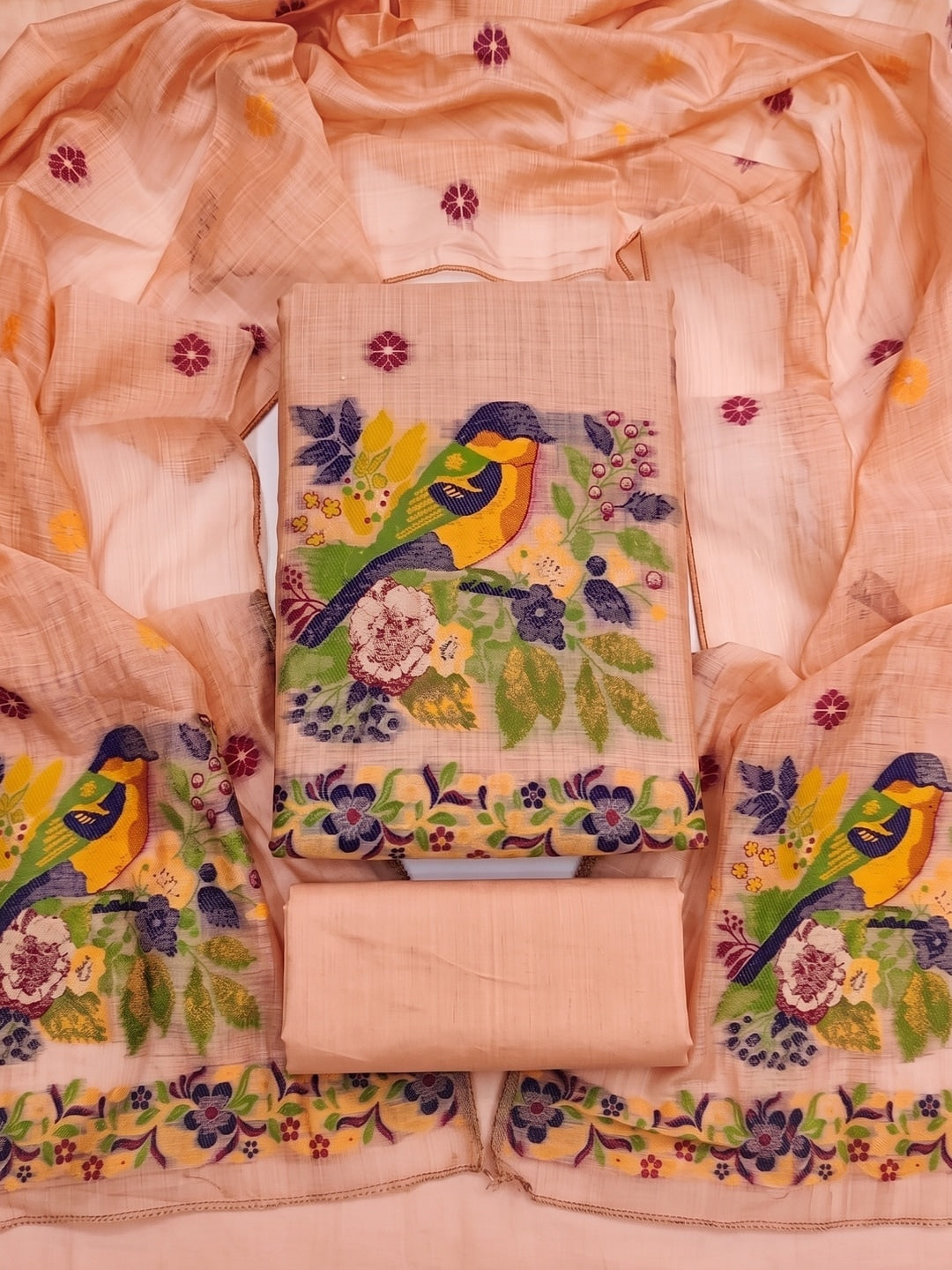 Included product 1: Peachmode Peach Jamdani Cotton Bird Floral Unstitched Dress Material (RAJT-7953-PEACH) - original product photograph
