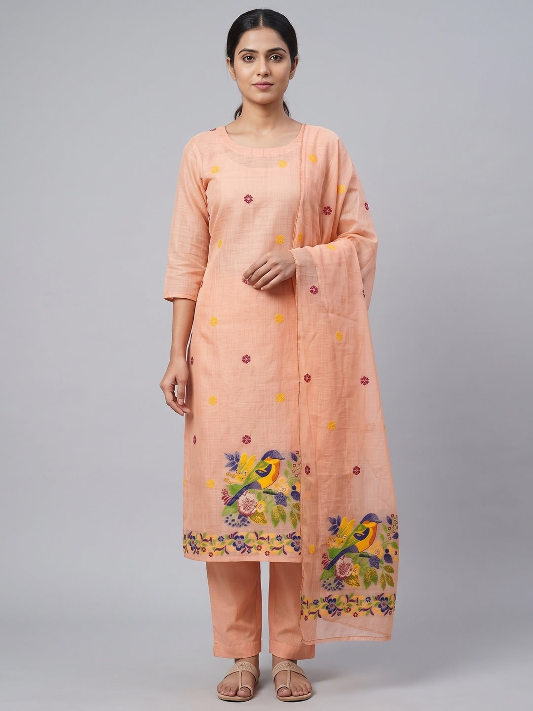 Peachmode Peach Jamdani Cotton Bird Floral Unstitched Dress Material - Image 2