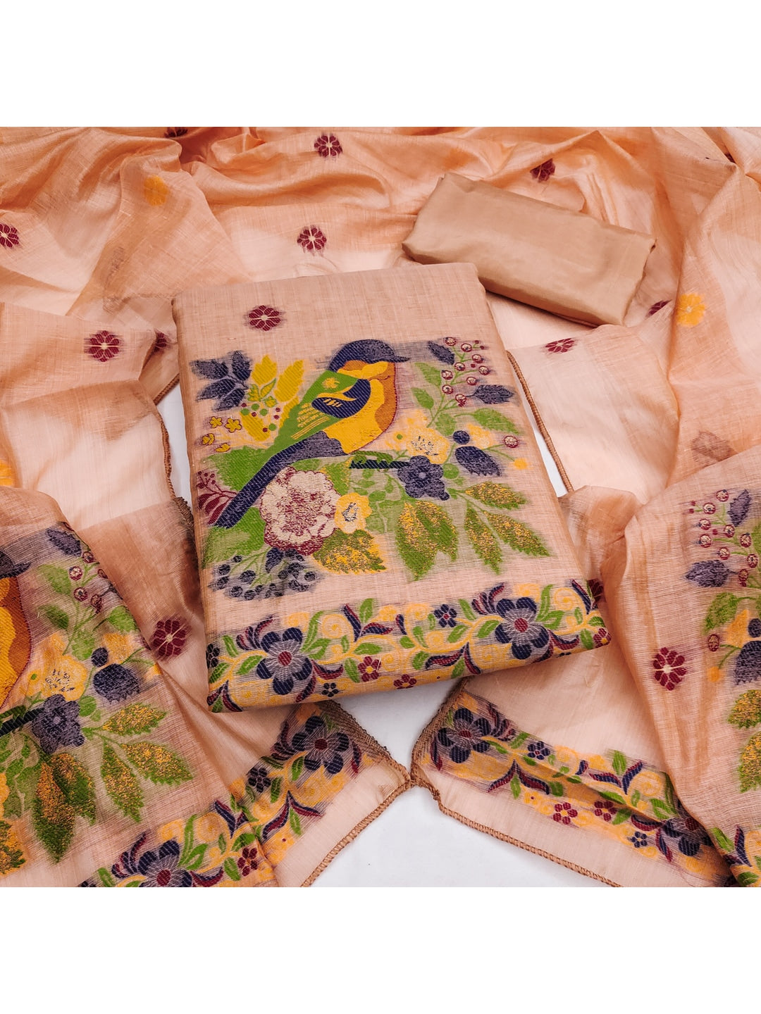 Peachmode Peach Jamdani Cotton Bird Floral Unstitched Dress Material - Image 3