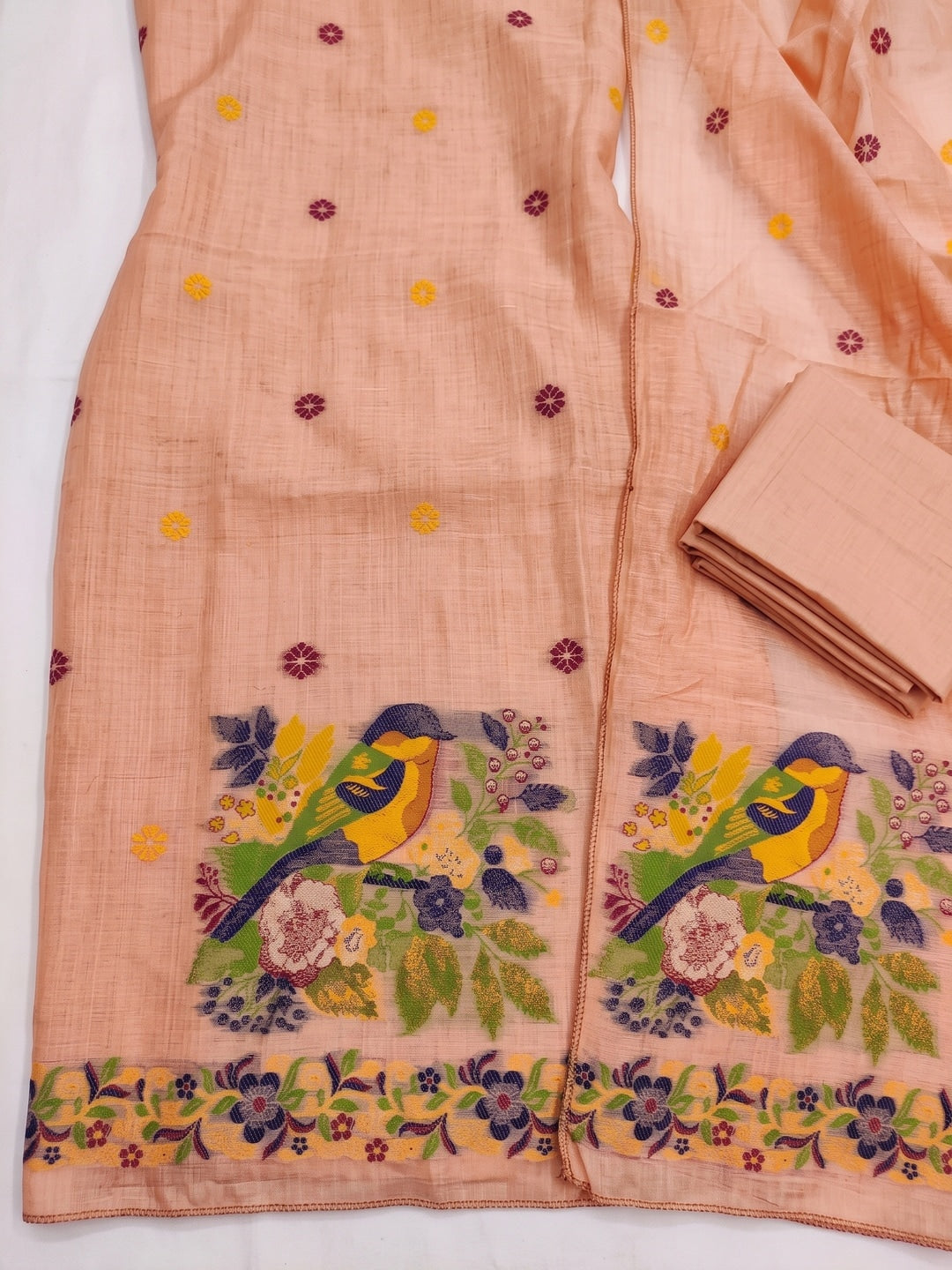 Peachmode Peach Jamdani Cotton Bird Floral Unstitched Dress Material - Image 4