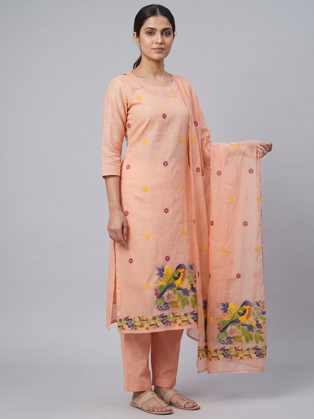 Peachmode Peach Jamdani Cotton Bird Floral Unstitched Dress Material - Image 5