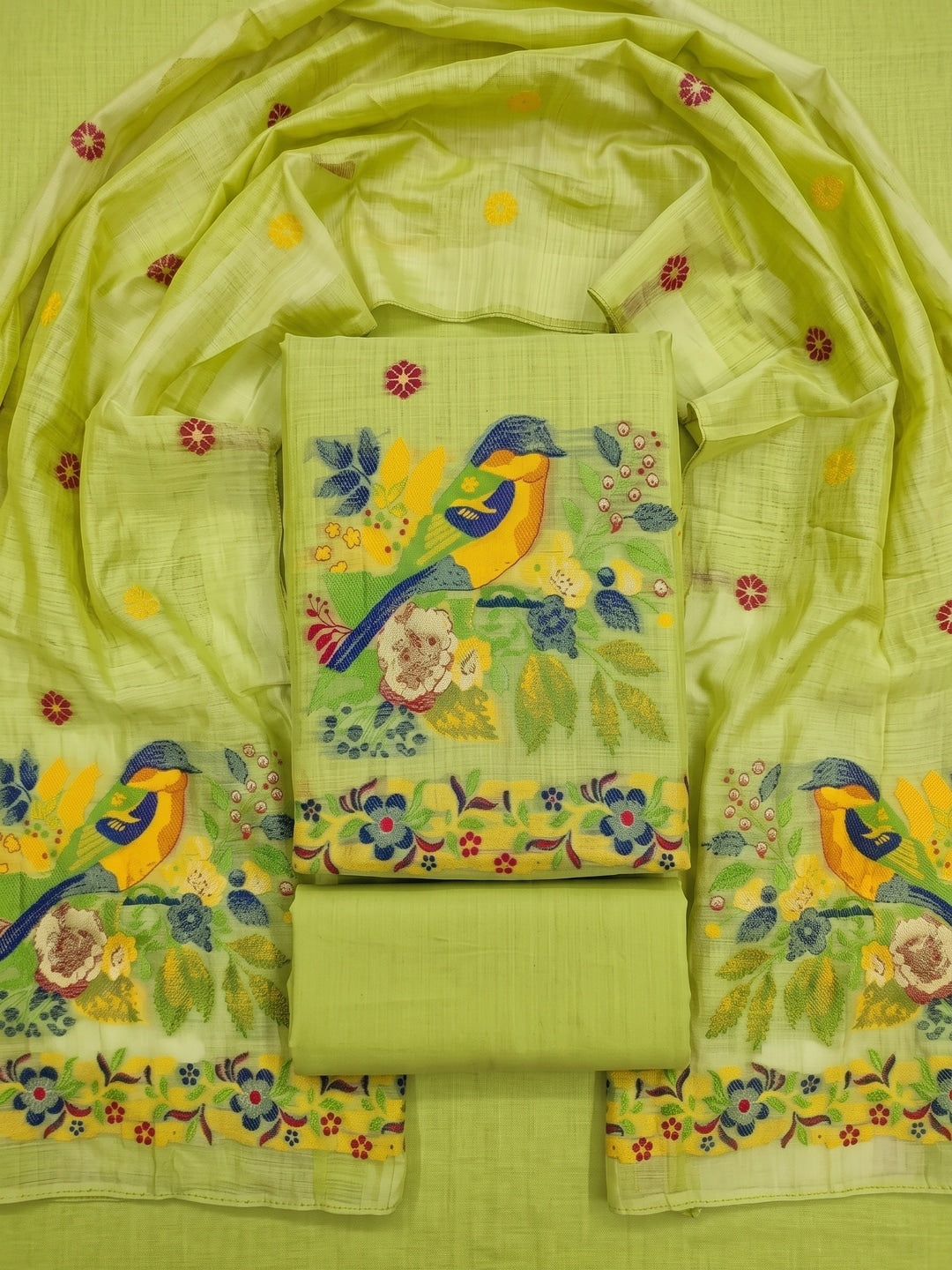 Peachmode Lime Green Jamdani Cotton Bird Floral Unstitched Dress Material - Image 1
