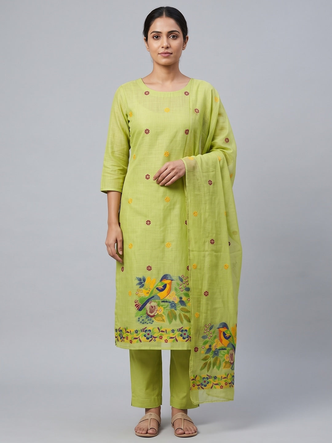 Peachmode Lime Green Jamdani Cotton Bird Floral Unstitched Dress Material - Image 2