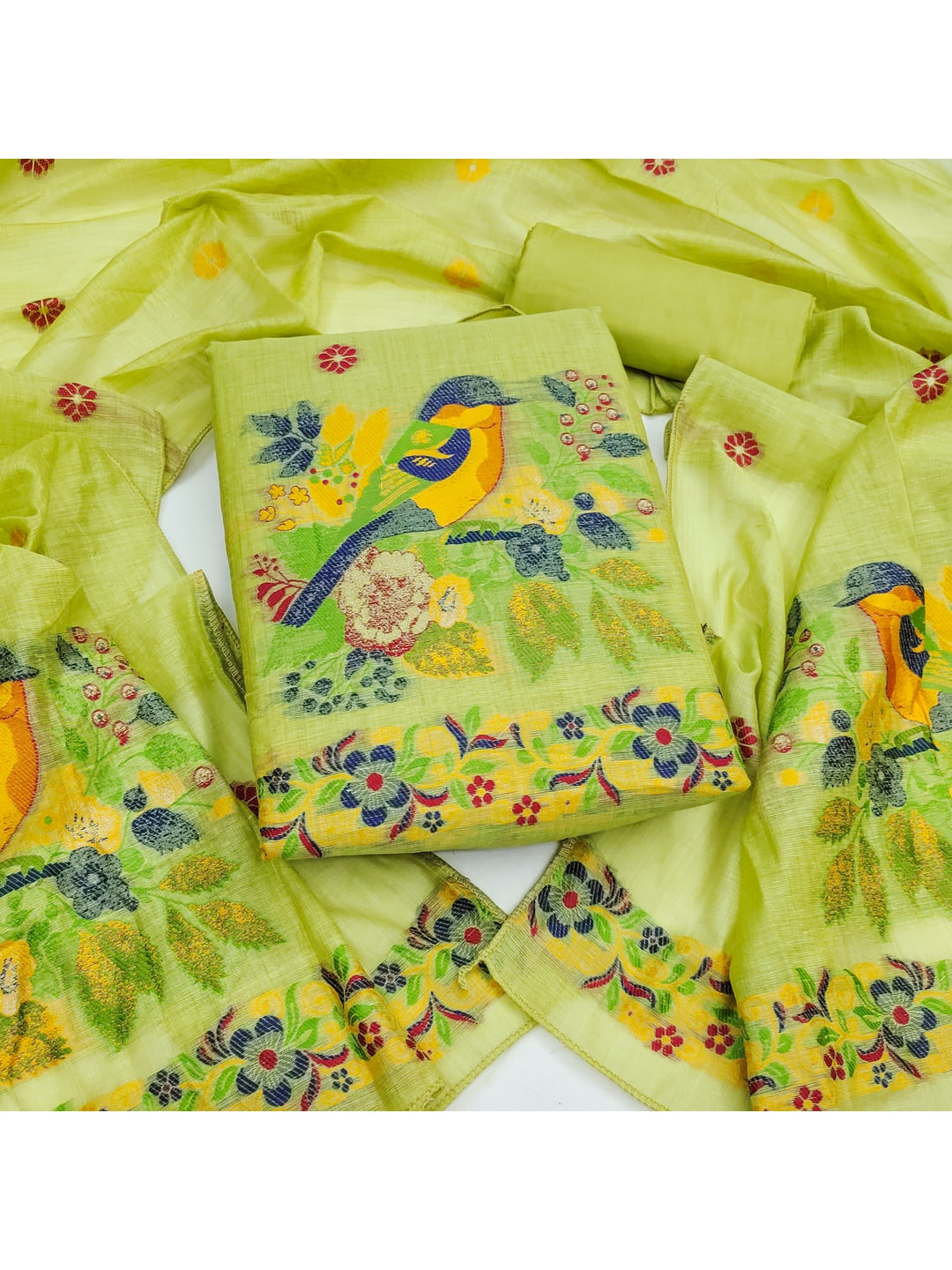 Peachmode Lime Green Jamdani Cotton Bird Floral Unstitched Dress Material - Image 3