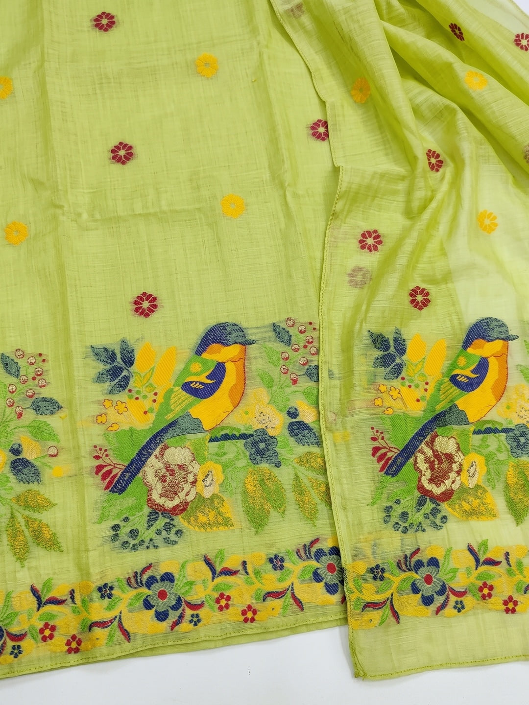 Peachmode Lime Green Jamdani Cotton Bird Floral Unstitched Dress Material - Image 4