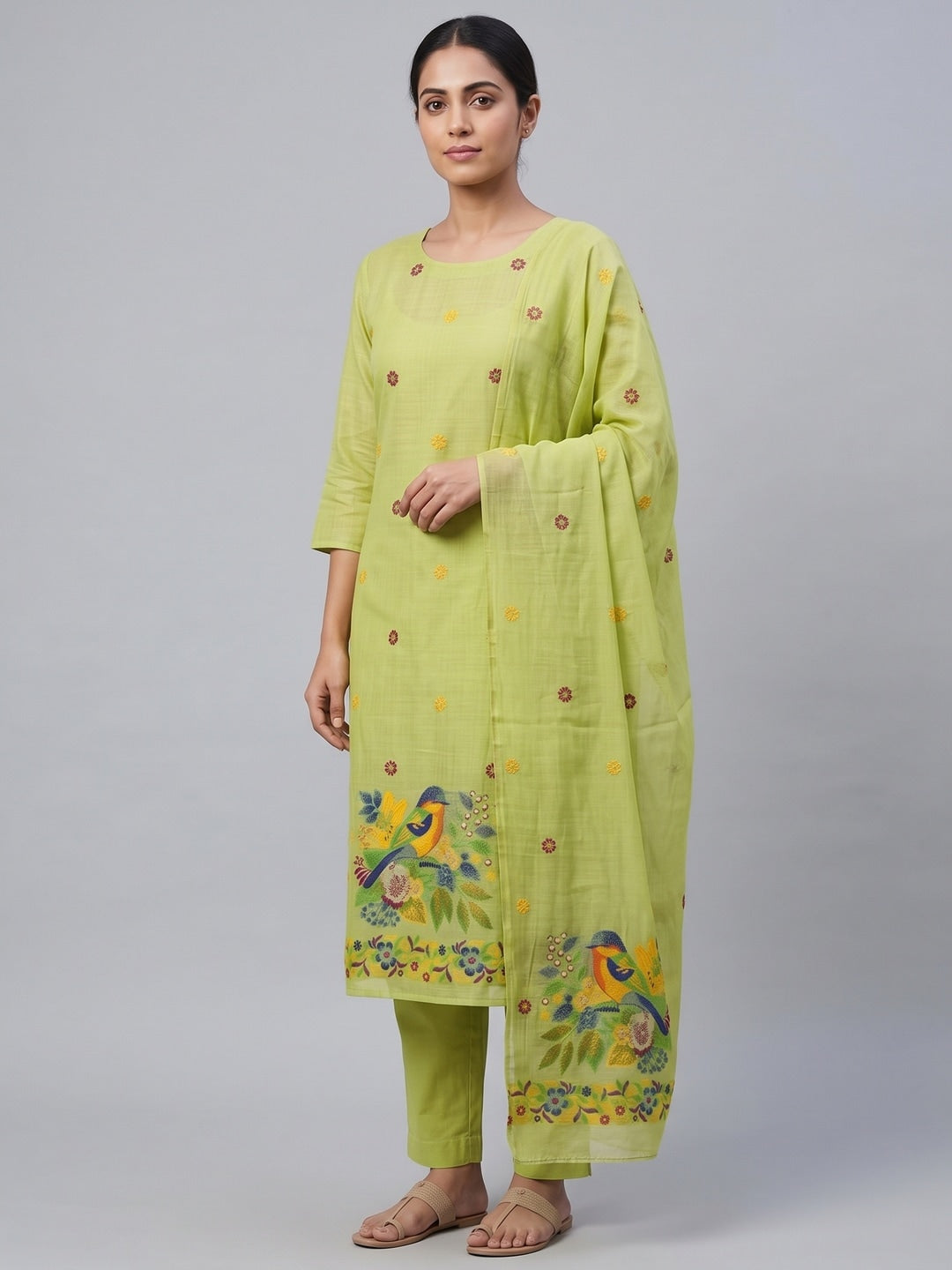 Peachmode Lime Green Jamdani Cotton Bird Floral Unstitched Dress Material - Image 5