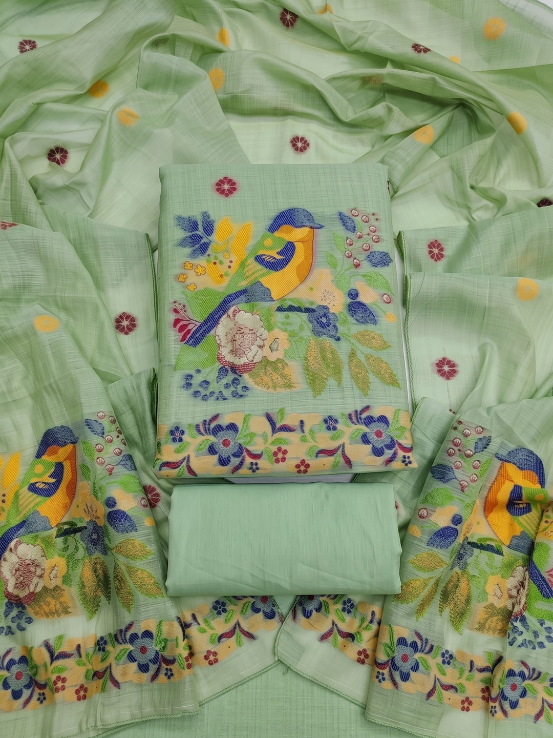Peachmode Mint Green Jamdani Cotton Bird Floral Unstitched Dress Material - Image 1