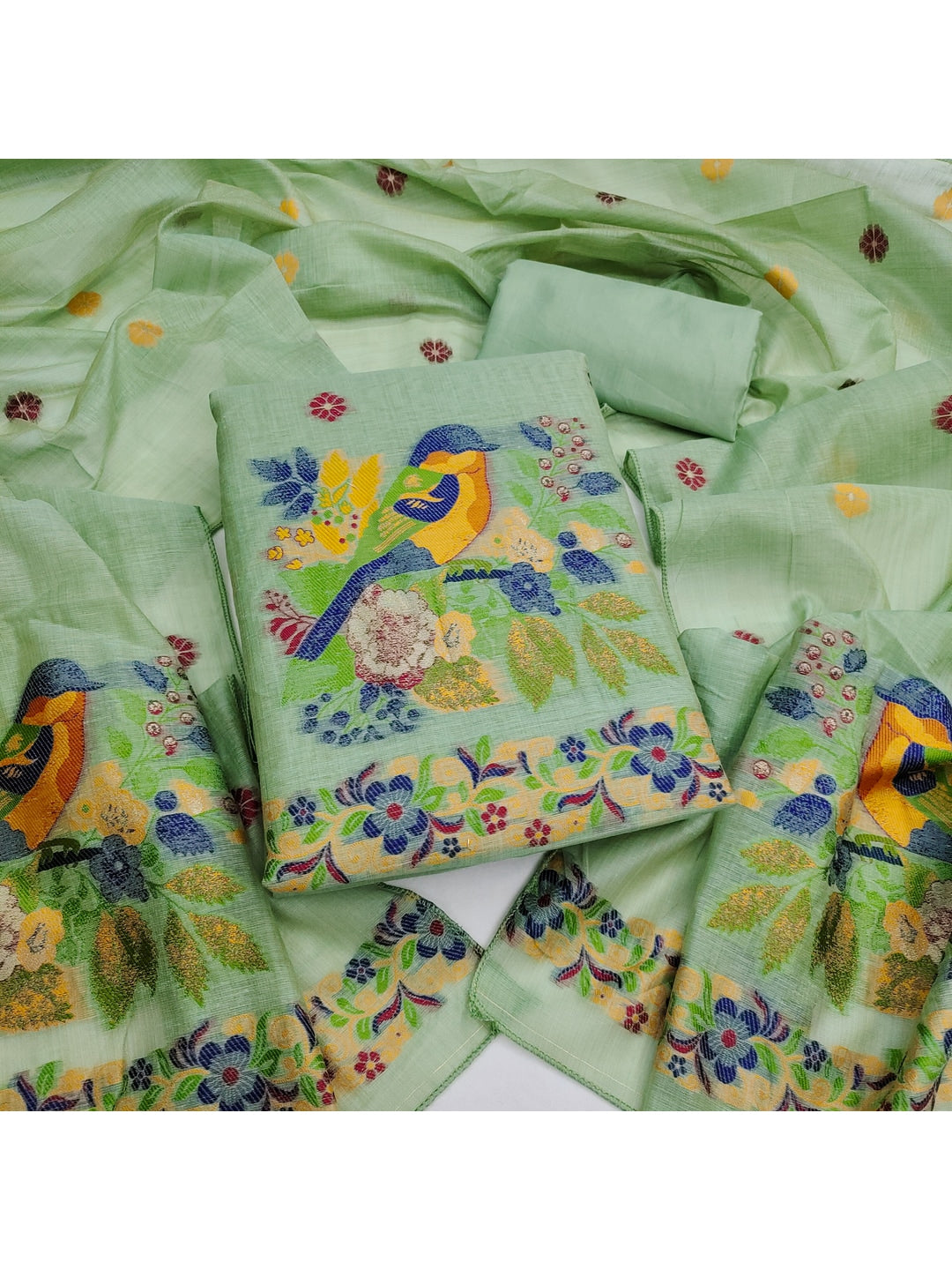 Peachmode Mint Green Jamdani Cotton Bird Floral Unstitched Dress Material - Image 3
