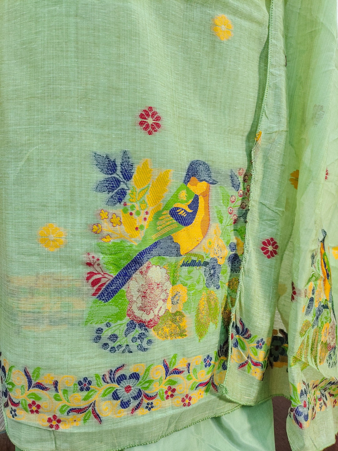 Peachmode Mint Green Jamdani Cotton Bird Floral Unstitched Dress Material - Image 4