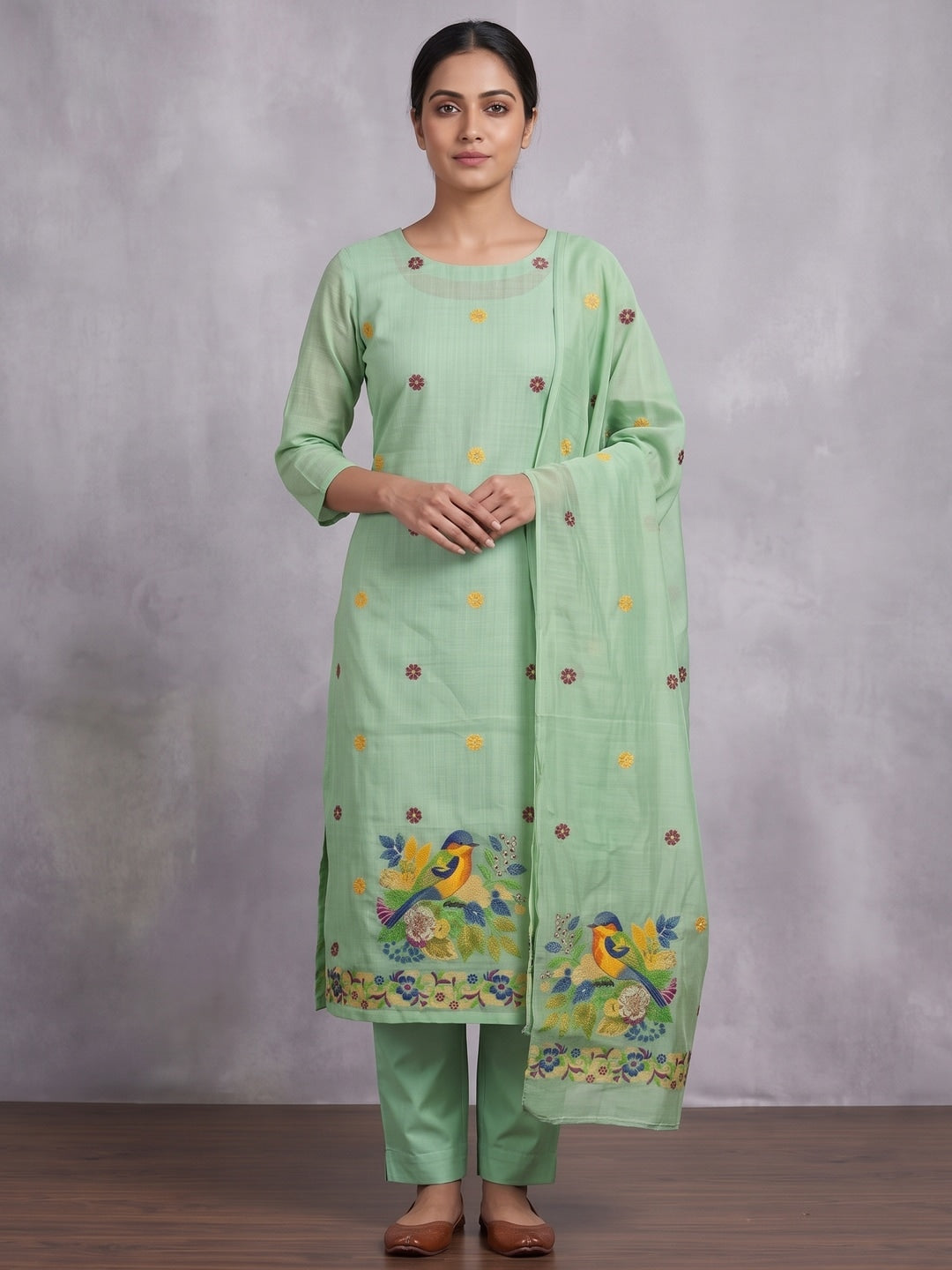 Peachmode Mint Green Jamdani Cotton Bird Floral Unstitched Dress Material - Image 5