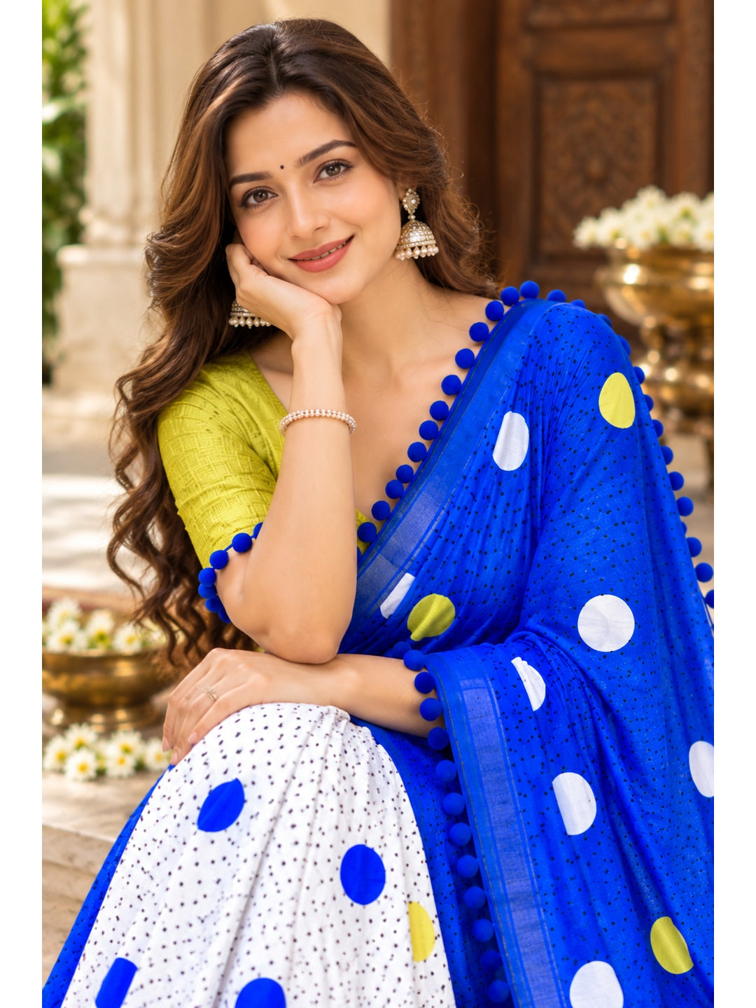 Peachmode Blue Polka Dot Mul Cotton Saree with Blouse - Image 2