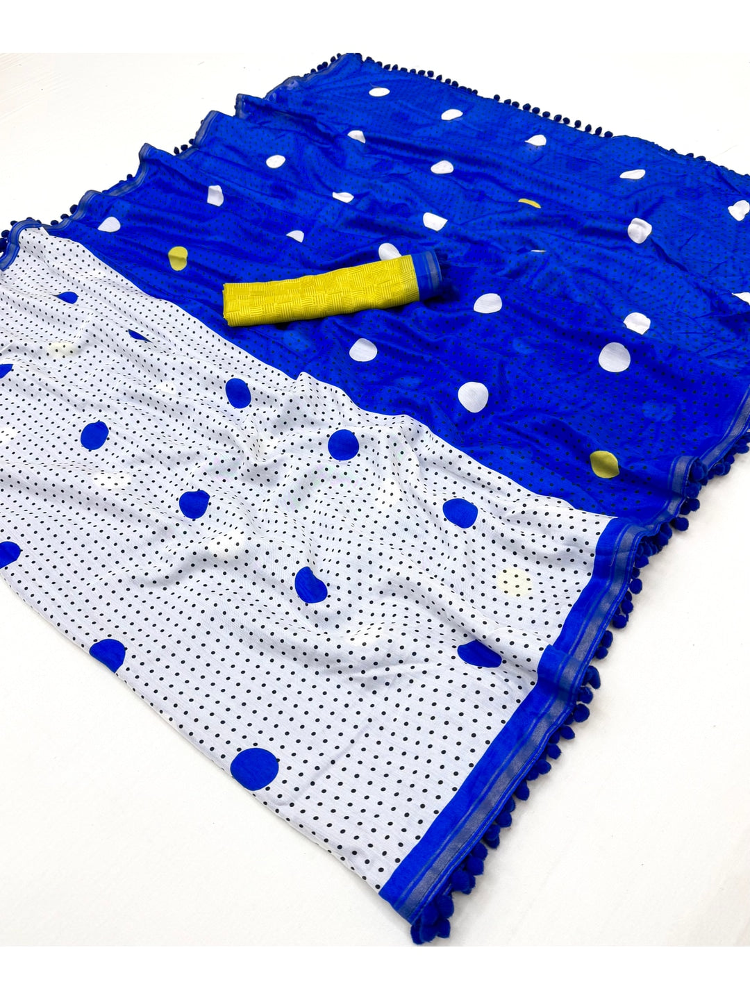 Peachmode Blue Polka Dot Mul Cotton Saree with Blouse - Image 3