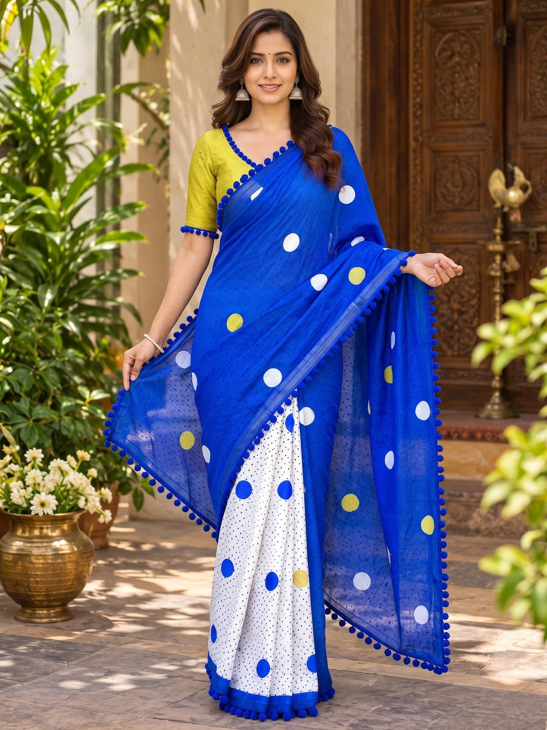 Peachmode Blue Polka Dot Mul Cotton Saree with Blouse - Image 4
