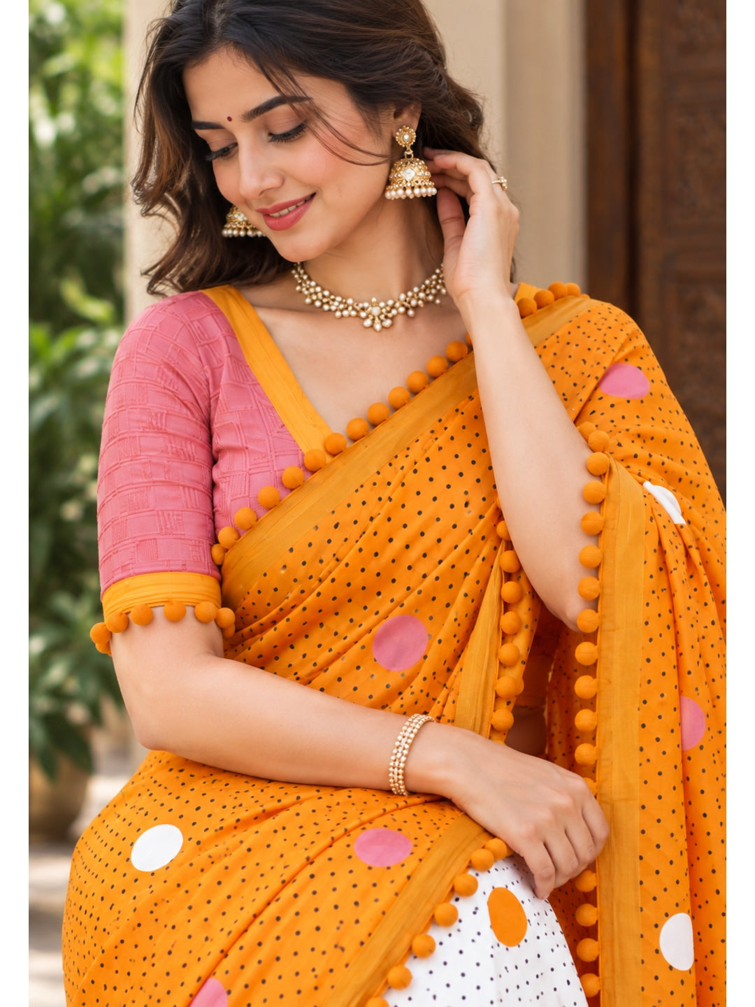 Peachmode Mustard Yellow Polka Dot Mul Cotton Saree with Blouse - Image 3
