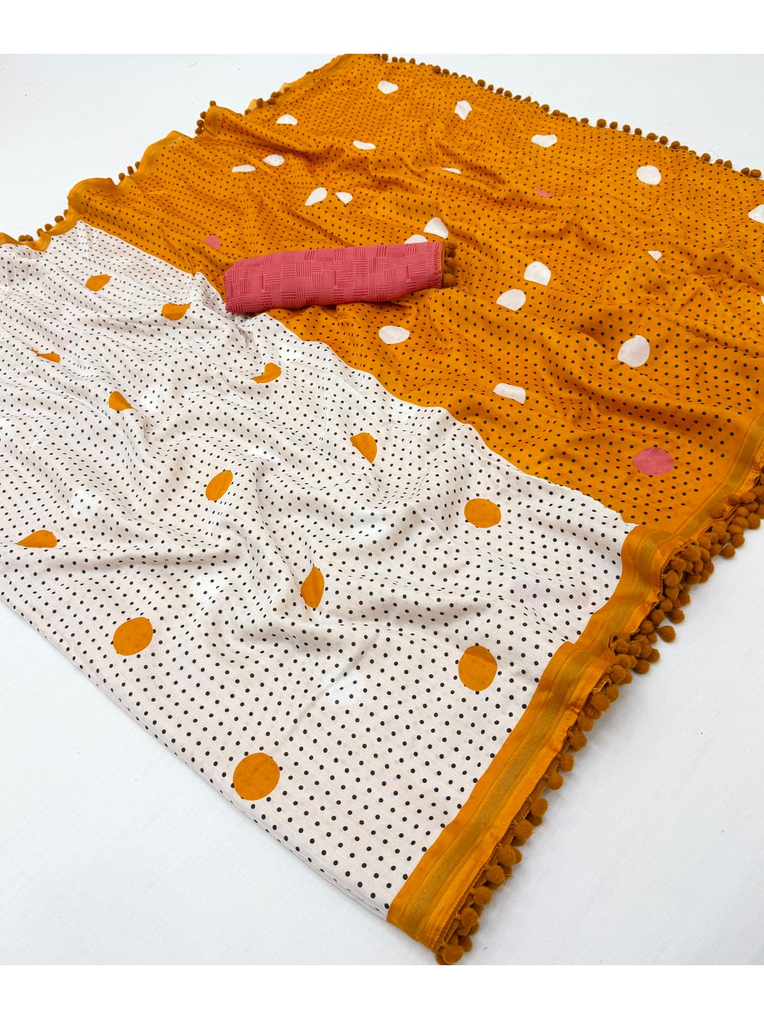 Peachmode Mustard Yellow Polka Dot Mul Cotton Saree with Blouse - Image 4