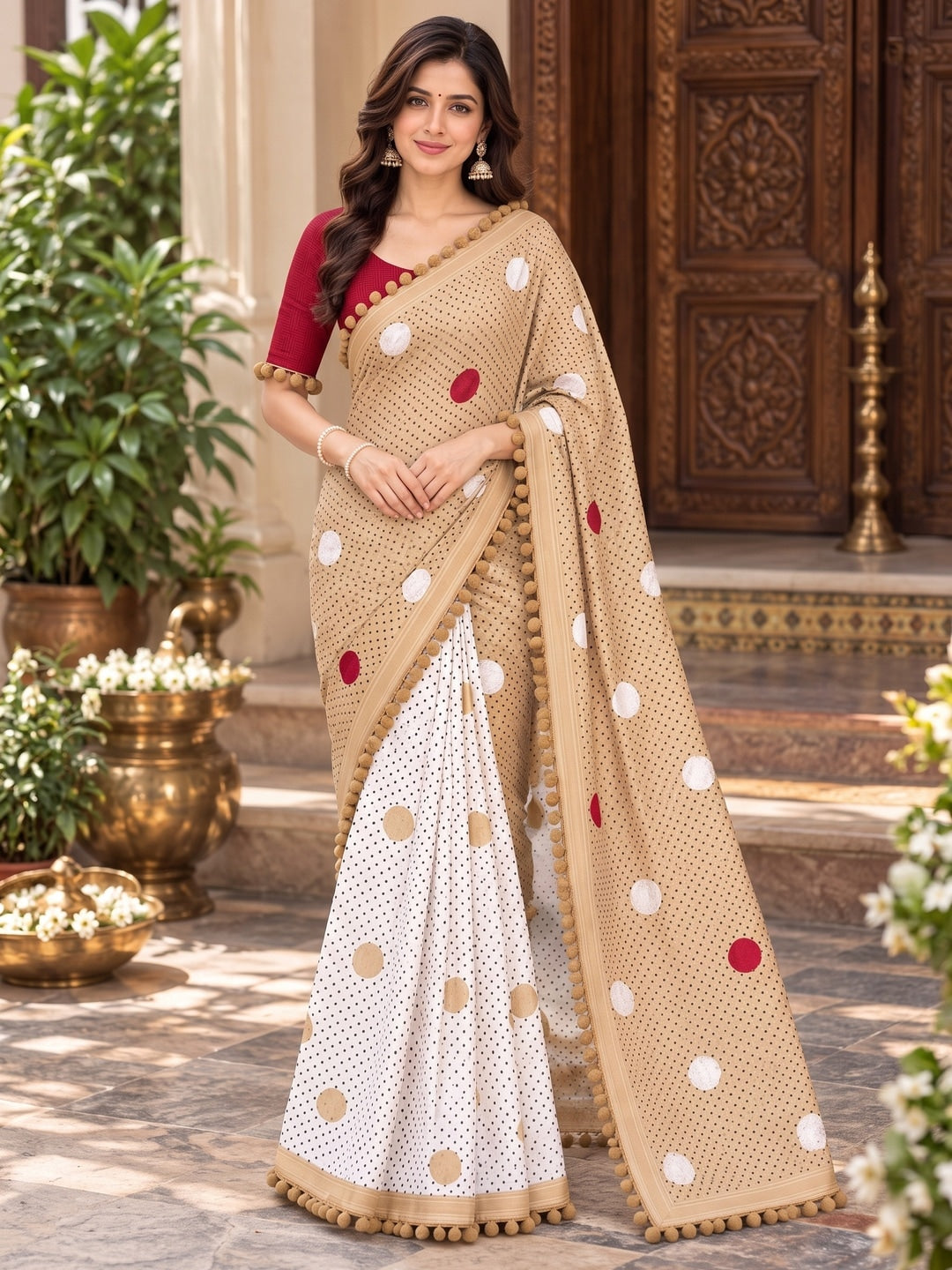 Peachmode Beige Polka Dot Mul Cotton Saree with Blouse - Image 1