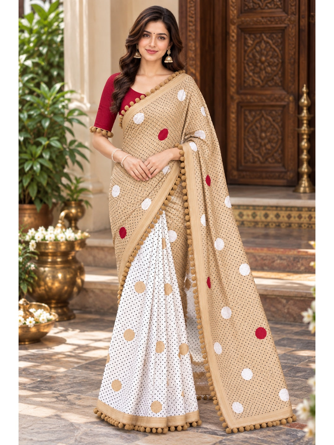 Peachmode Beige Polka Dot Mul Cotton Saree with Blouse - Image 2