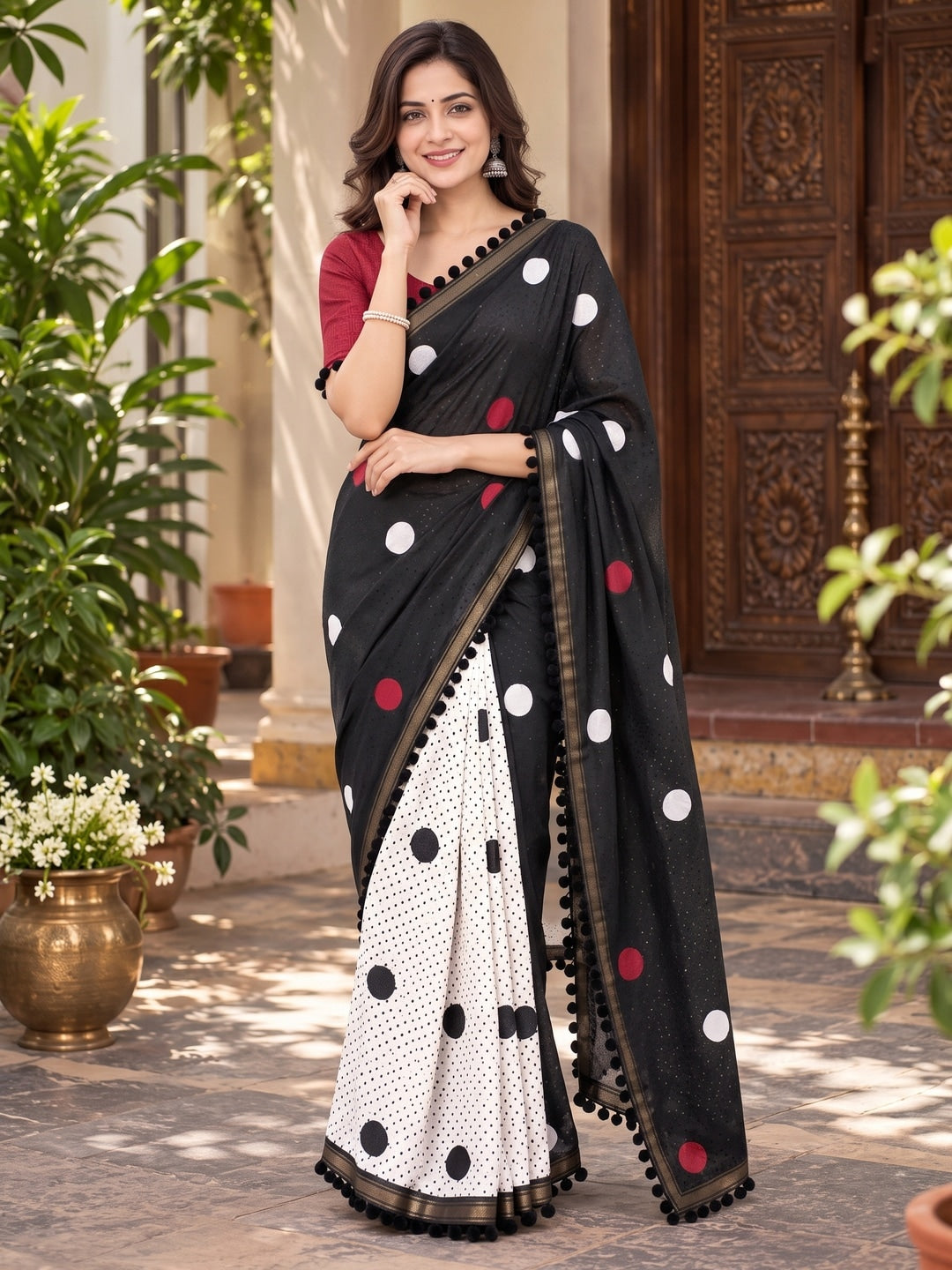 Peachmode Black Polka Dot Mul Cotton Saree with Blouse - Image 1