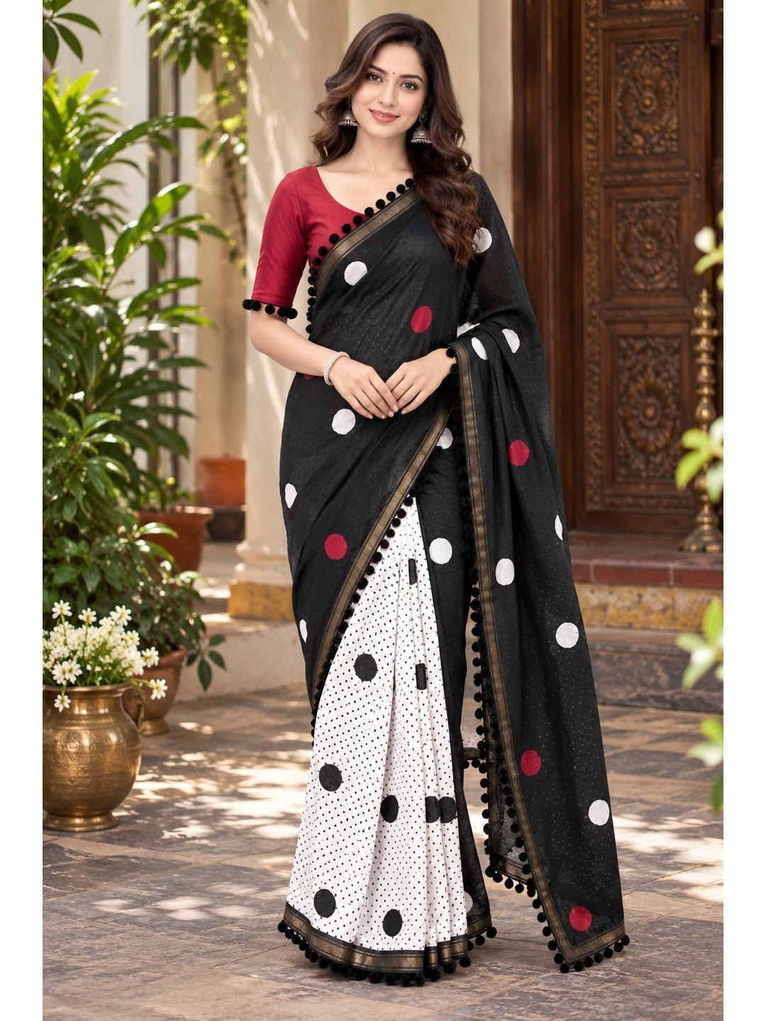 Peachmode Black Polka Dot Mul Cotton Saree with Blouse - Image 2