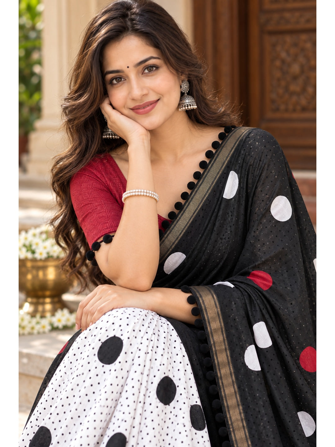 Peachmode Black Polka Dot Mul Cotton Saree with Blouse - Image 3