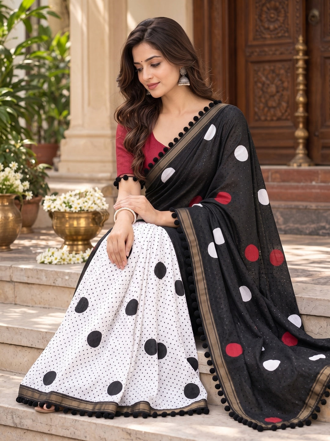 Peachmode Black Polka Dot Mul Cotton Saree with Blouse - Image 5