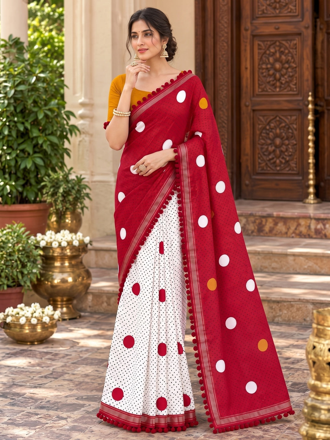 Peachmode Red Polka Dot Mul Cotton Saree with Blouse - Image 1