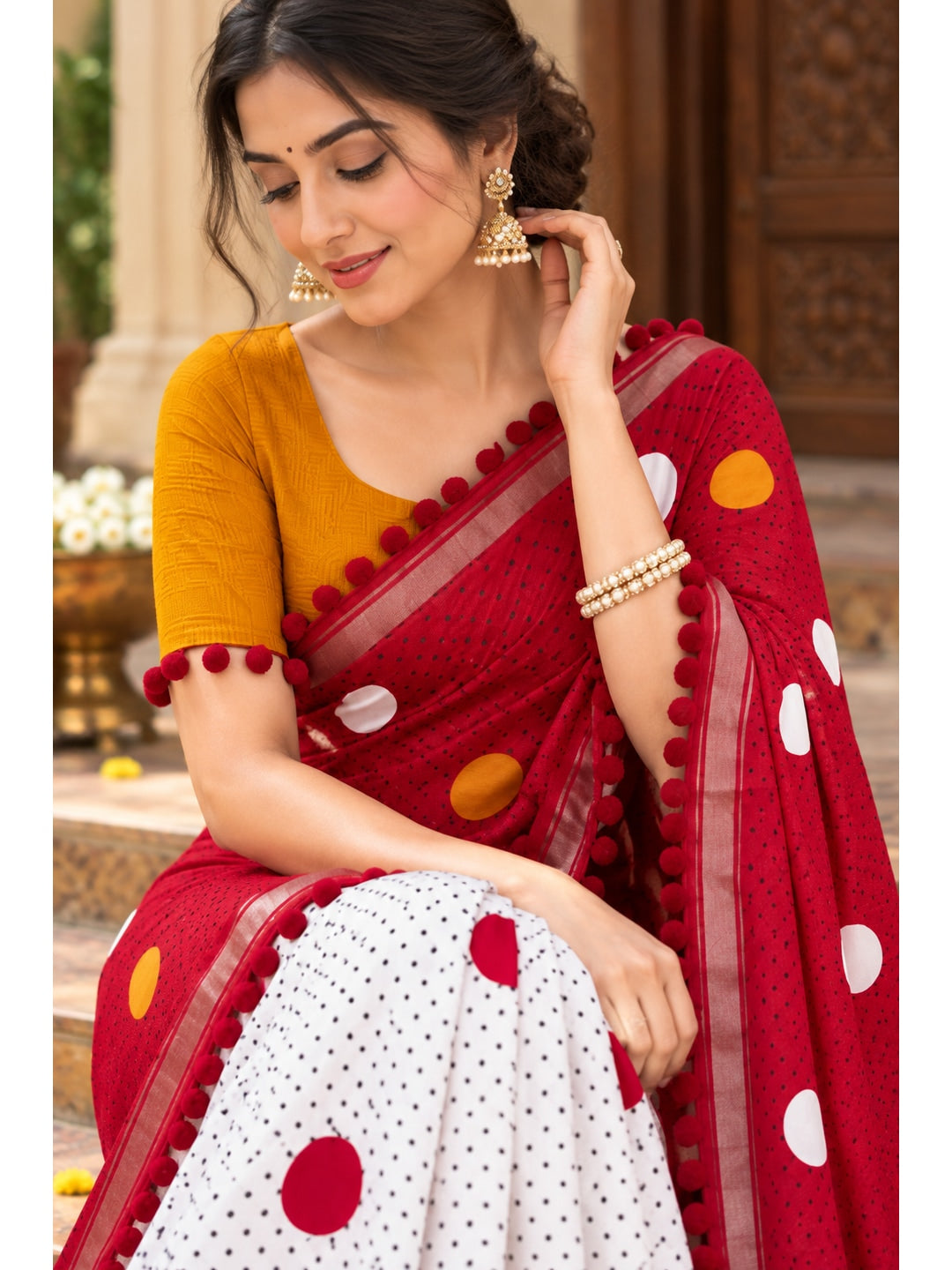 Peachmode Red Polka Dot Mul Cotton Saree with Blouse - Image 3