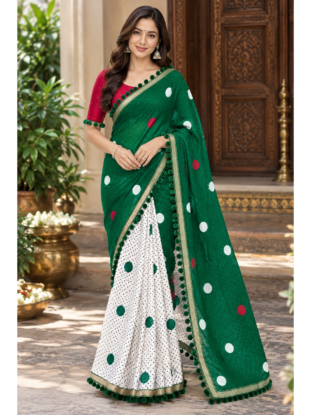 Peachmode Green Polka Dot Mul Cotton Saree with Blouse - Image 2